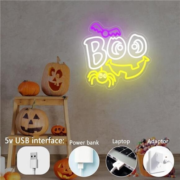 Halloween Neon Signs Ghost Bat Decorations LED Light Festive Holiday Gift NEW - Picture 3 of 6